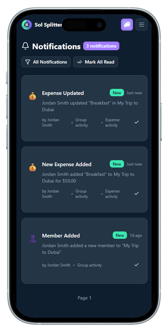 Real-time Notifications - SolSplitter Mobile App